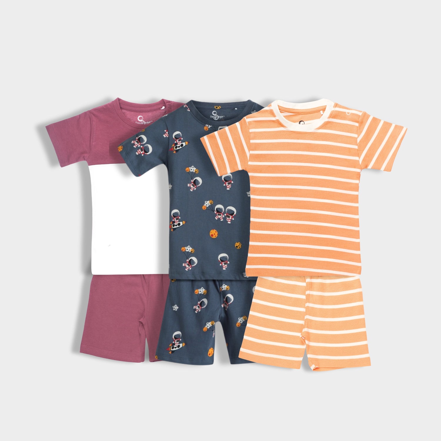 3 Pack T-Shirt & Shorts Unisex Co-ord Set | Orange Stripes, Berry, Space