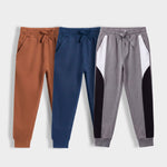 3 Pcs Cotton Joggers | Brown, Royal Blue, Colour Block Grey