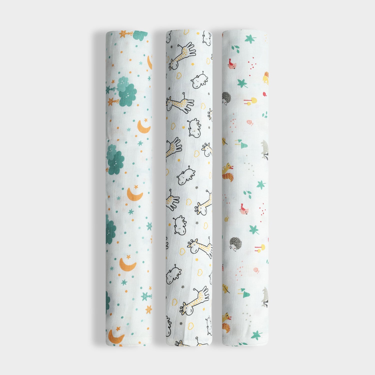 3 Pack Muslin Swaddle | Half Moon, Giraffe, Spikey
