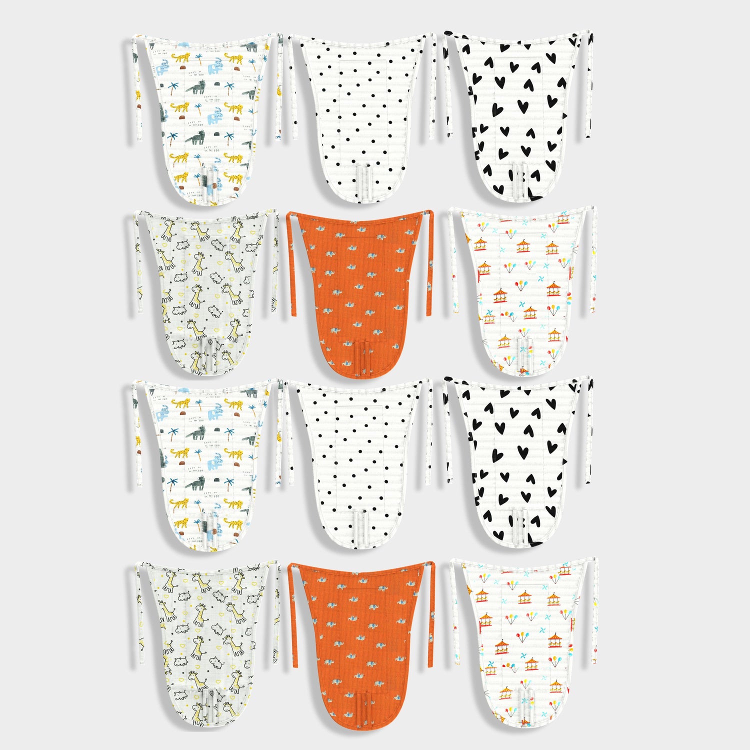 12 Pack Muslin Nappies | Zoo, Black Dots, Black Hearts, Jolly Giraffe, Red Elephant, Spikey