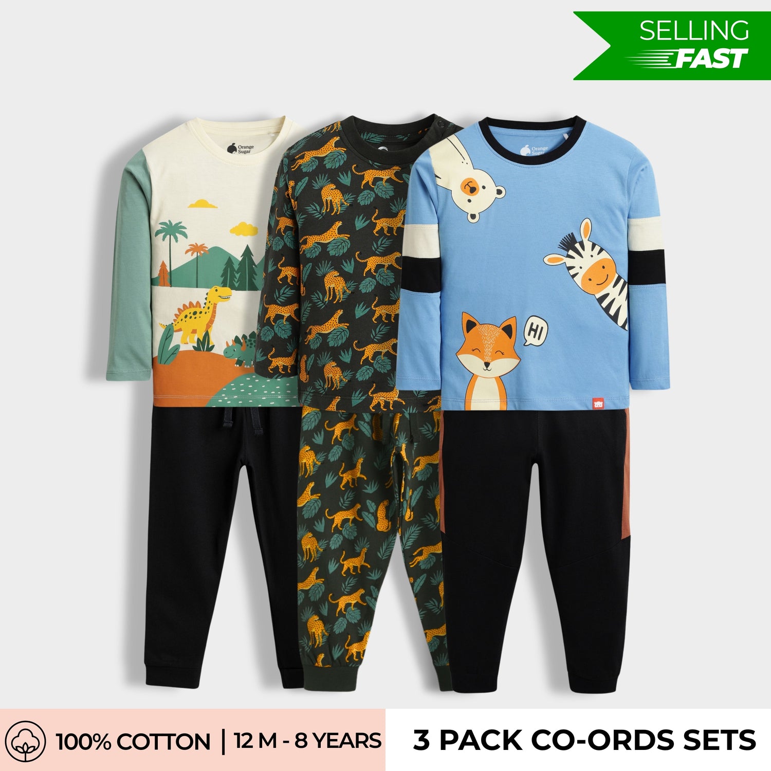 3 Pack Full Sleeves Unisex Co-ord Set | Dino, Cheetah, Peek A Boo