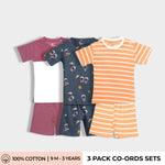 3 Pack T-Shirt & Shorts Unisex Co-ord Set | Orange Stripes, Berry, Space