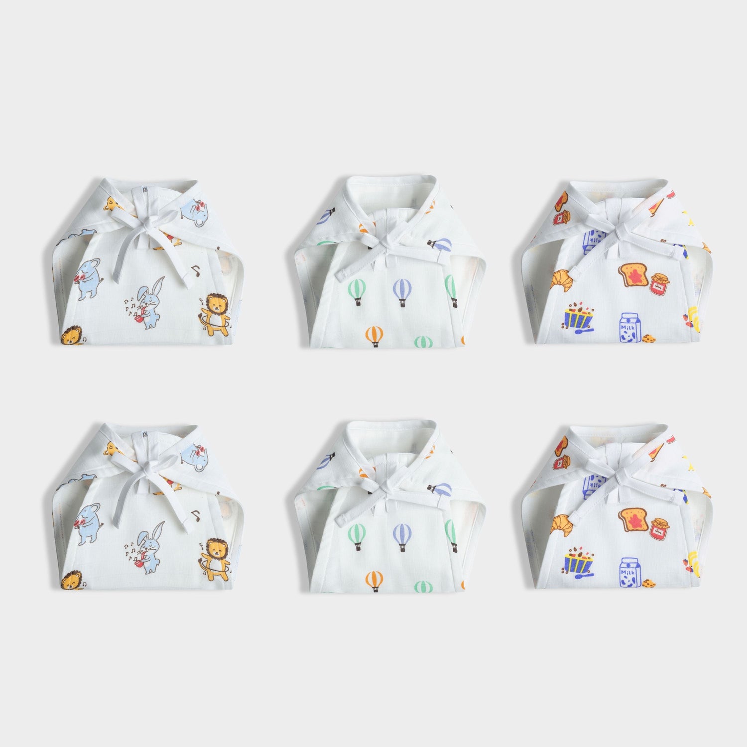 6 Pack Muslin Nappies | Jungle Jingles, Balloon Ride, Breakfast