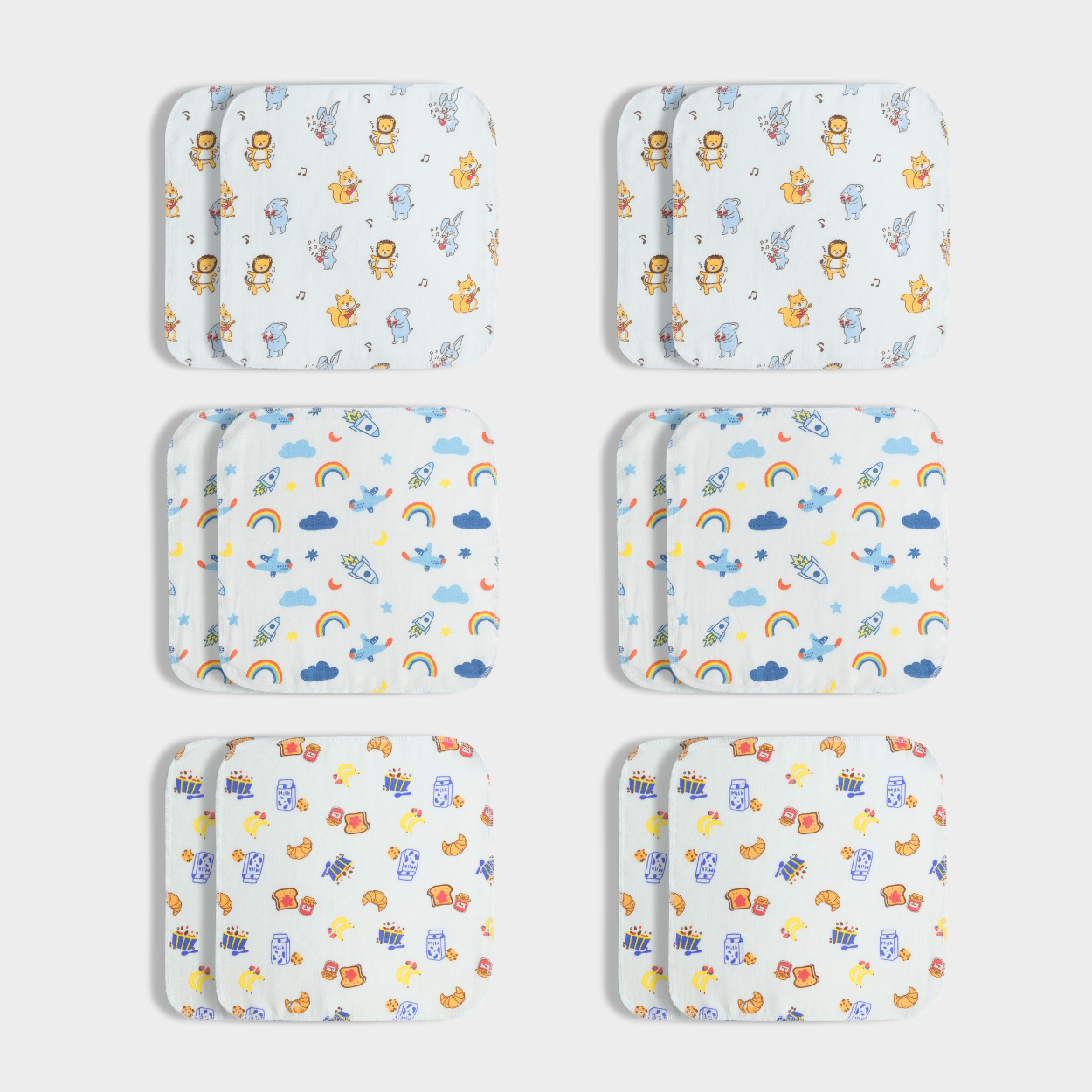 12 Pack Muslin Wash Cloth | Jungle Jingles, Starry, Breakfast