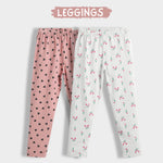 2 Pcs Leggings | Coral Pink Hearts, White Tulips