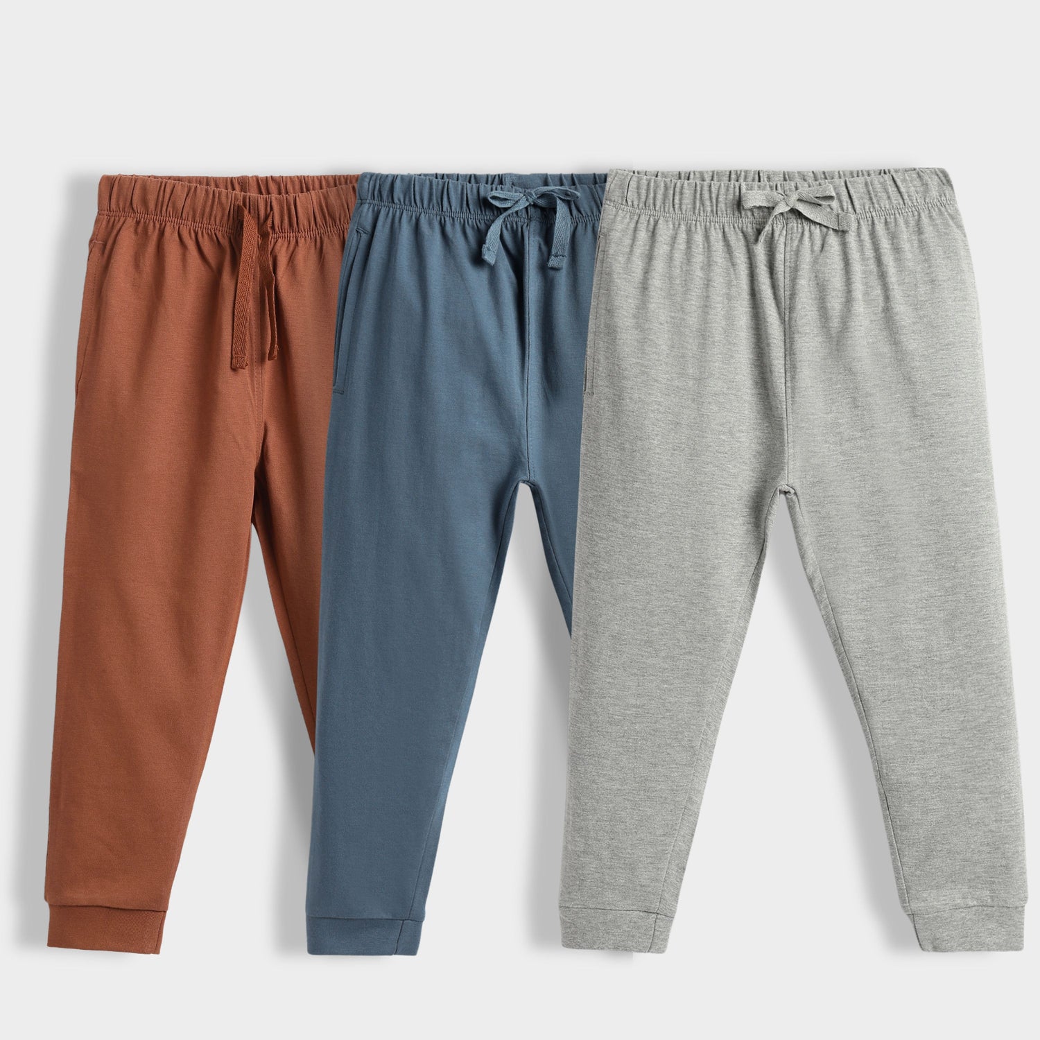 3 Pcs Cotton Joggers | Brown, Air Force Blue, Melange Grey