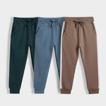 3 Pcs Cotton Joggers | Bottle Green, Air Force Blue, Biscuit Brown