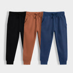 3 Pcs Cotton Joggers | Black, Brown, Blue