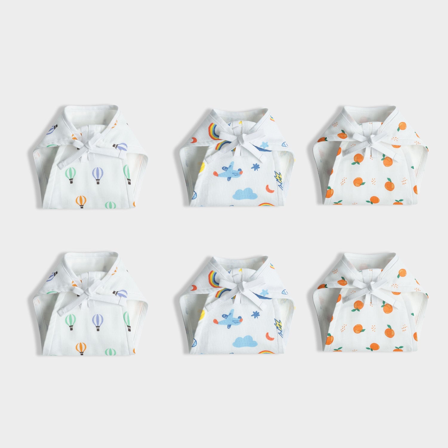 6 Pack Muslin Nappies | Balloon Ride, Starry, Sweet Oranges