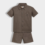 Half Sleeves Unisex Cotton Linen Shirt & Shorts Co-ord Set | Olive earth