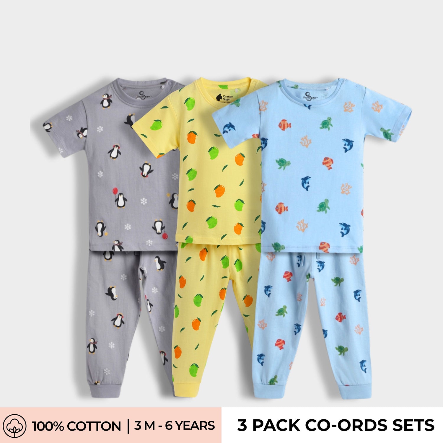 3 Pack Half Sleeves Unisex Co-ord Set | Penguin, Mangoes, Underwater