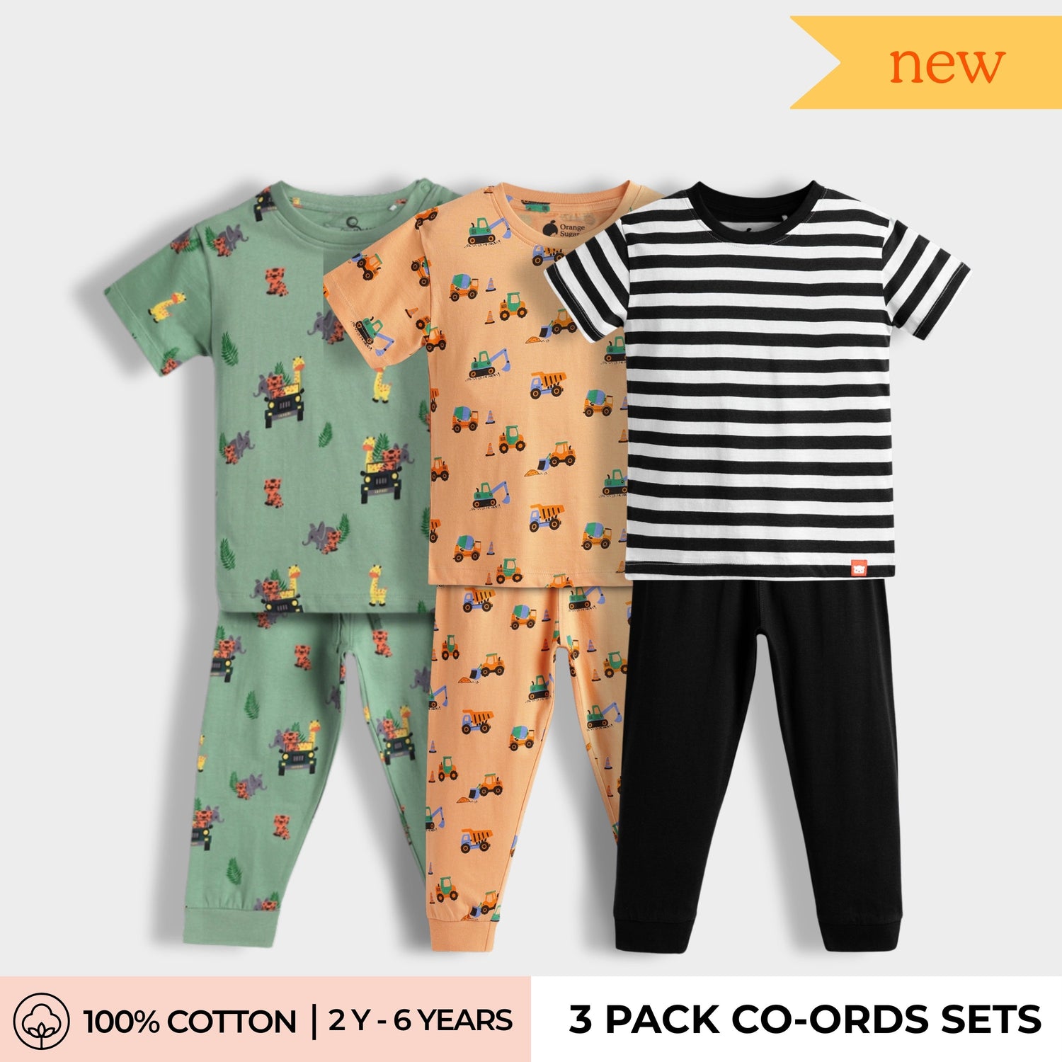 3 Pack Half Sleeves Unisex Co-ord Set | Jungle, JCB, Black Stripes
