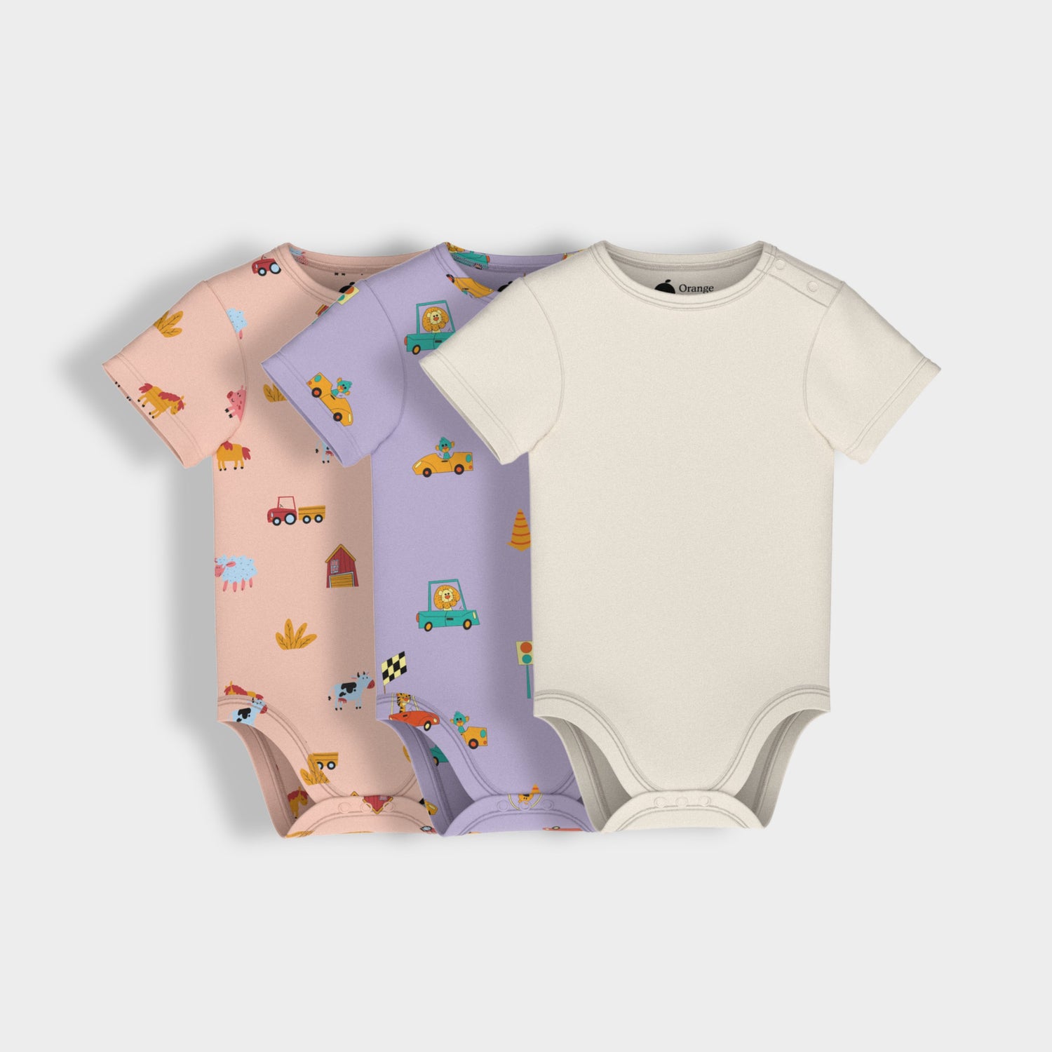 3 Pcs Half Sleeves Bodysuit | Farm, Cars, Off White