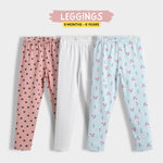 3 Pcs Leggings | Coral Pink Hearts, White, Skyblue Tulips