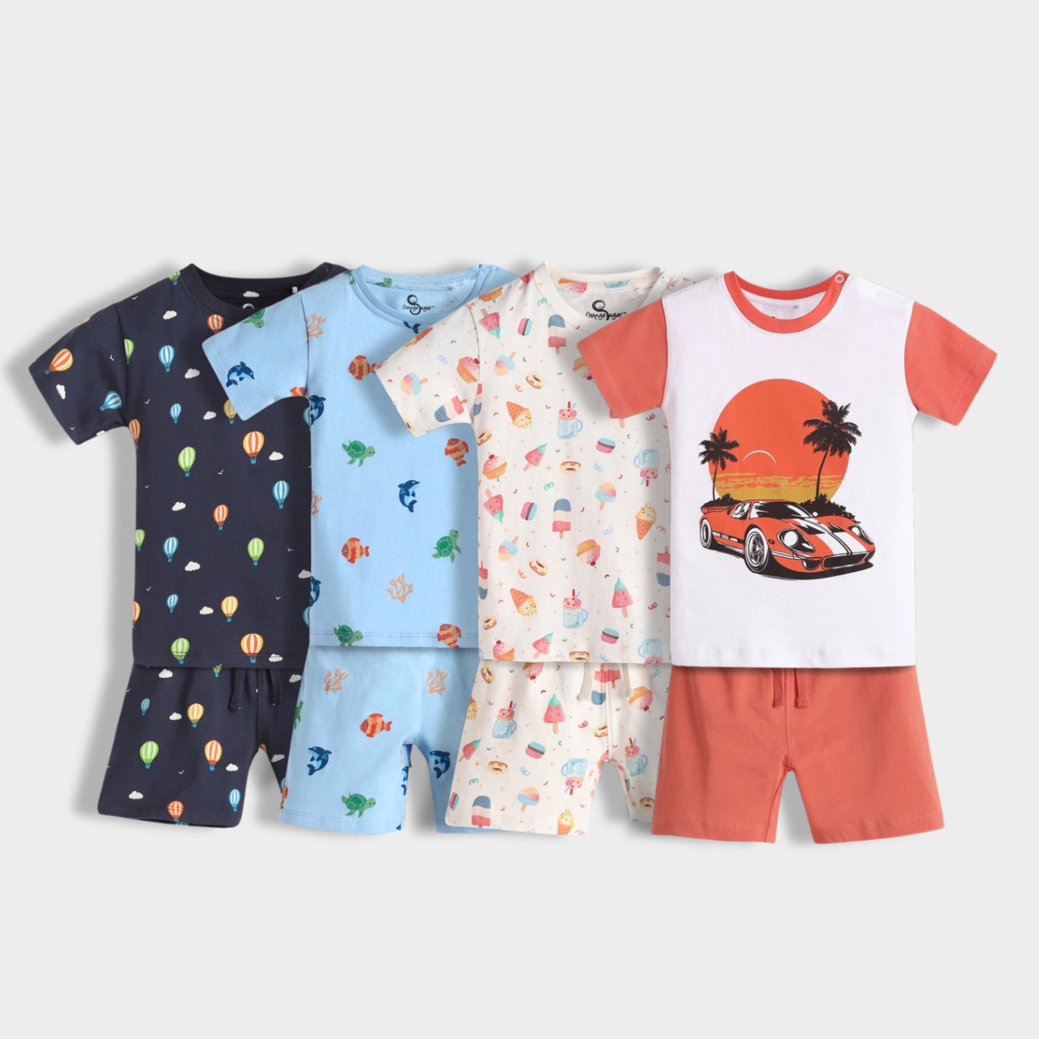 4 Pack T-Shirt & Shorts Unisex Co-ord Set | Hot Air, Underwater, Frosty, Car Ride