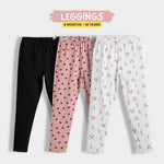 3 Pcs Leggings | Black, Coral Pink Hearts, White Tulips