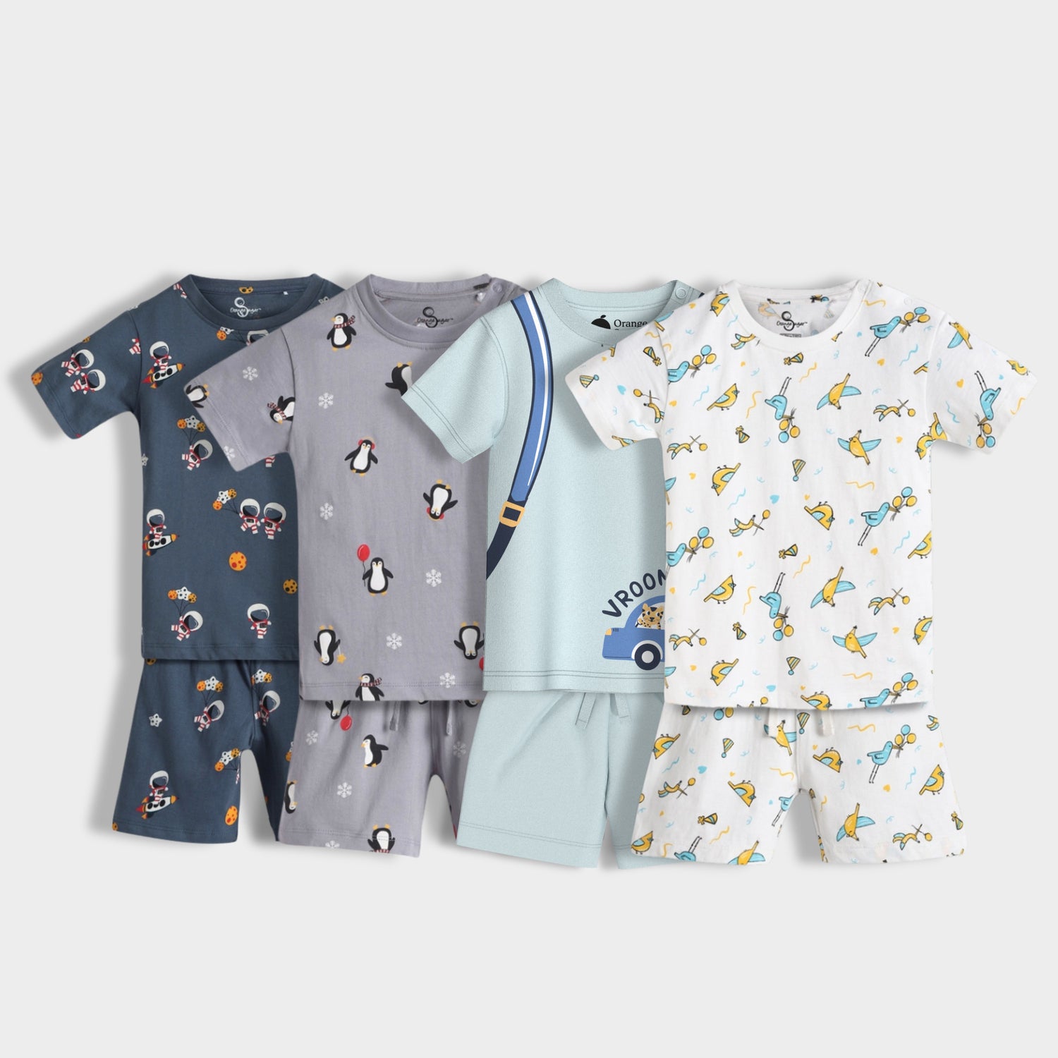 4 Pack T-Shirt & Shorts Unisex Co-ord Set | Space, Penguin, Back Pack, Bird