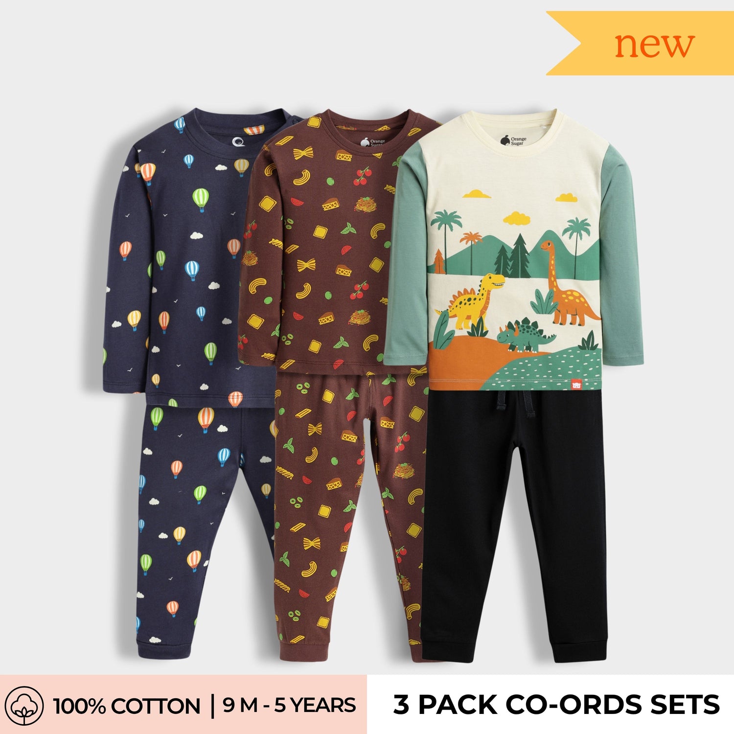 3 Pack Full Sleeves Unisex Co-ord Set | Hot Air, Pasta, Dino