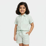 Half Sleeves Unisex Cotton Linen Shirt & Shorts Co-ord Set | Mint stripes