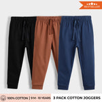 3 Pcs Cotton Joggers | Black, Brown, Blue