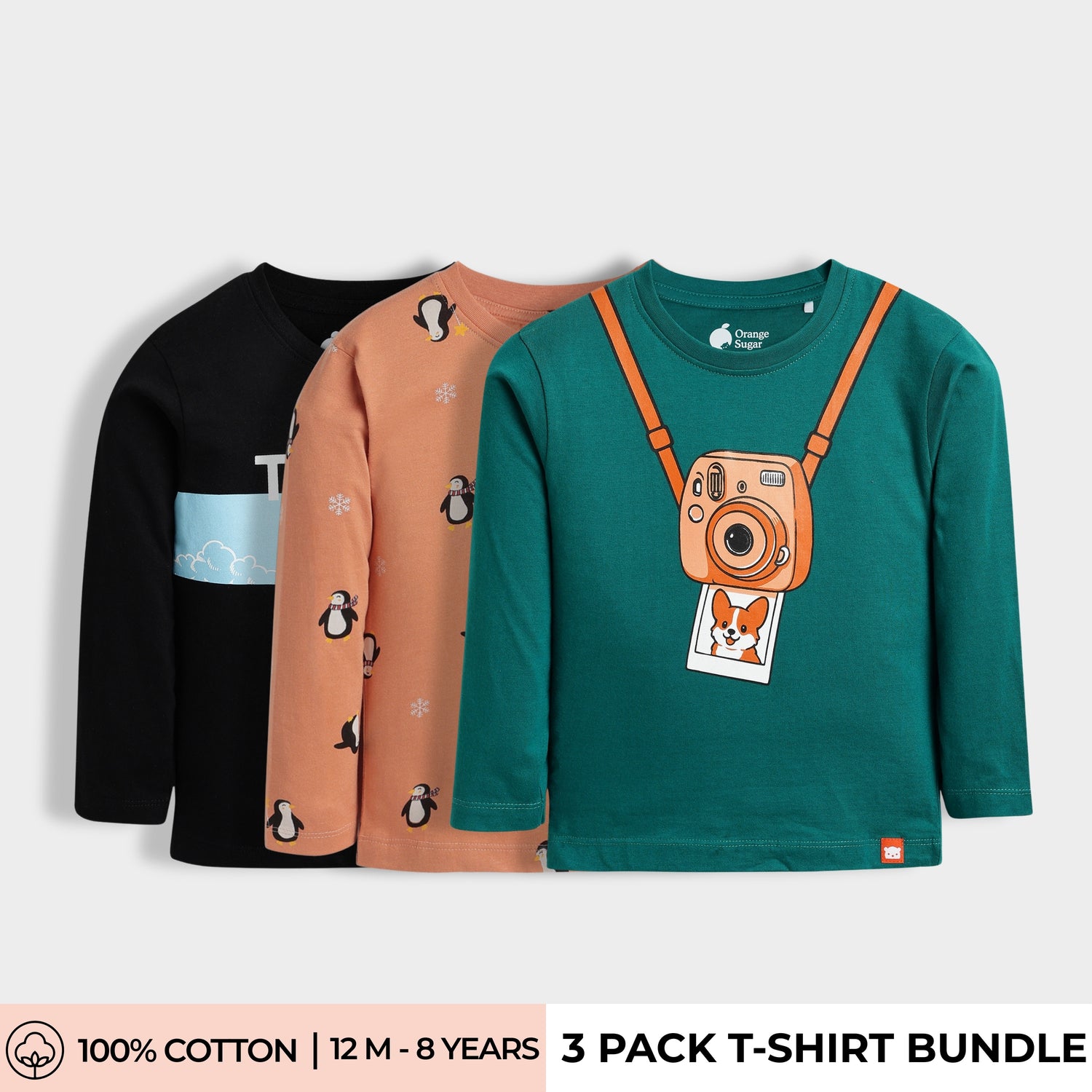 3 Pack Full Sleeves Unisex T-Shirts | Teddy, Penguin Chill, Camera