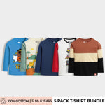 5 Pack Full Sleeves Unisex T-Shirts | Detective Teddy, Dino, Blue, Road Runner, Colour Block Brown