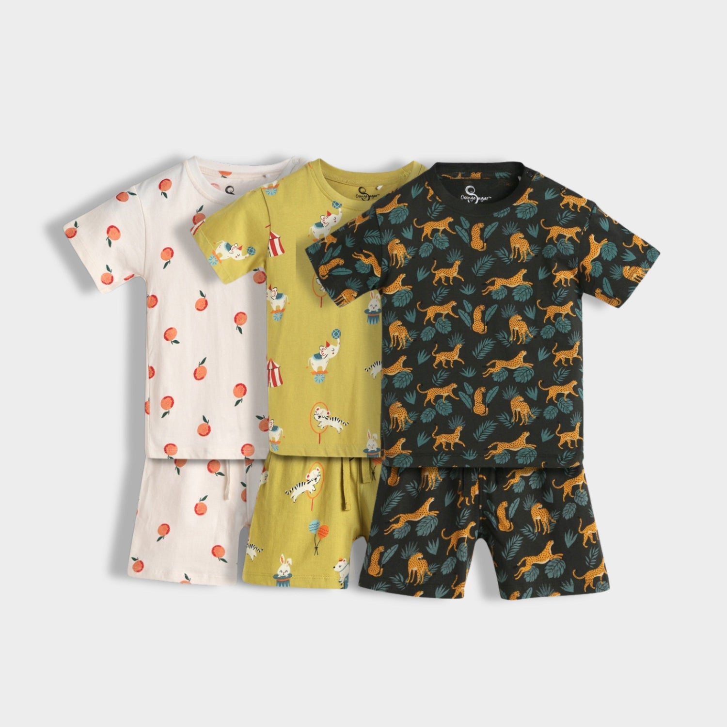 3 Pack T-Shirt & Shorts Unisex Co-ord Set | Oranges, Cheetah & Circus