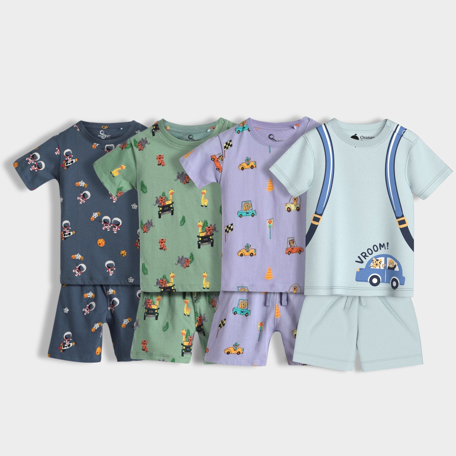 4 Pack T-Shirt & Shorts Unisex Co-ord Set | Space, Jungle, Cars, Back Pack