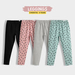 4 Pcs Leggings | Black, Coral Pink Hearts, Grey, Coastal Green Hearts