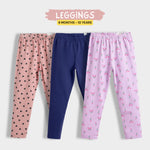 3 Pcs Leggings | Coral Pink Hearts, Royal Blue, Light Lavender Tulips