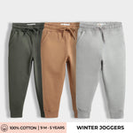 3 Pcs Winter Joggers | Green, Brown, Melange Grey