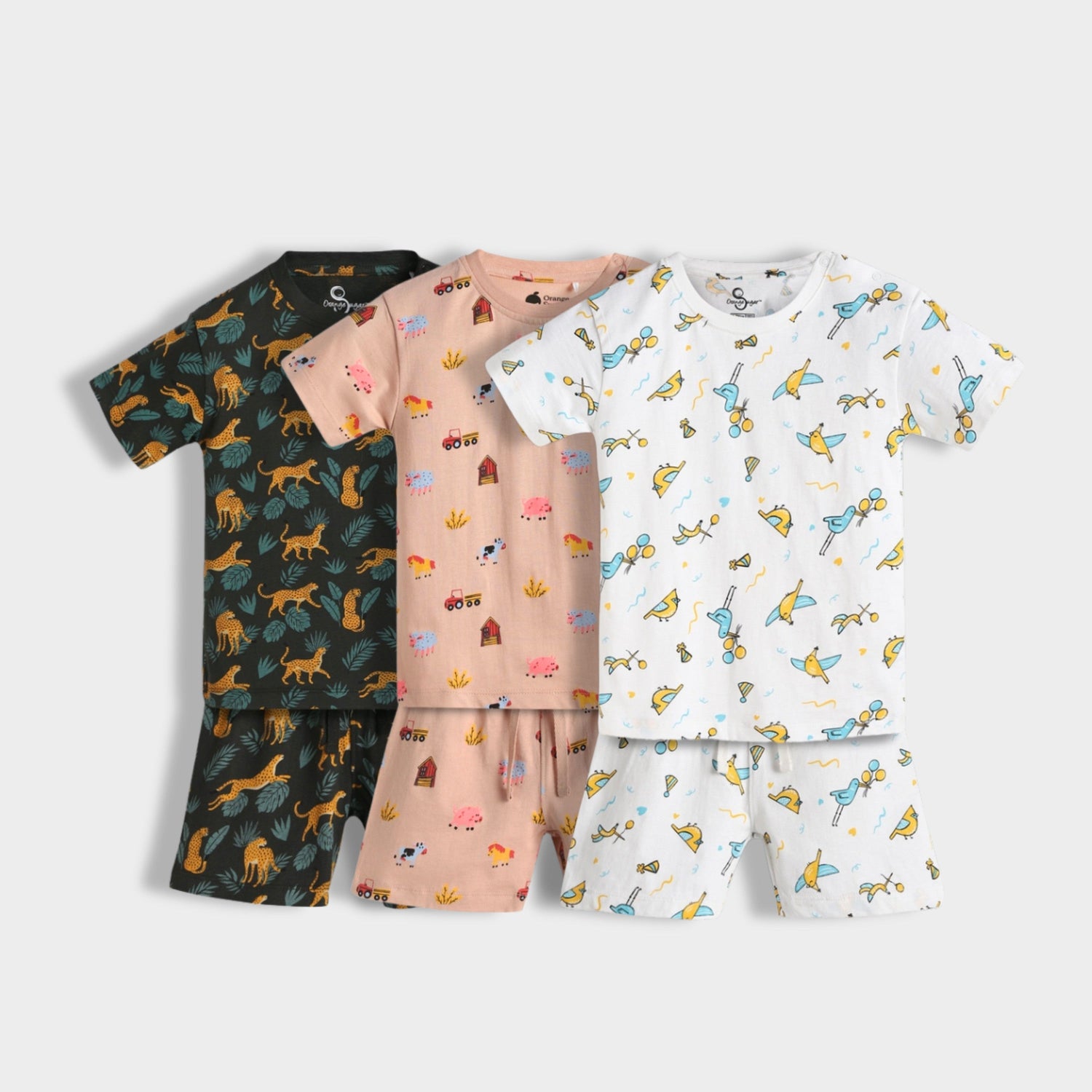 3 Pack T-Shirt & Shorts Unisex Co-ord Set | Cheetah, Farm, Bird