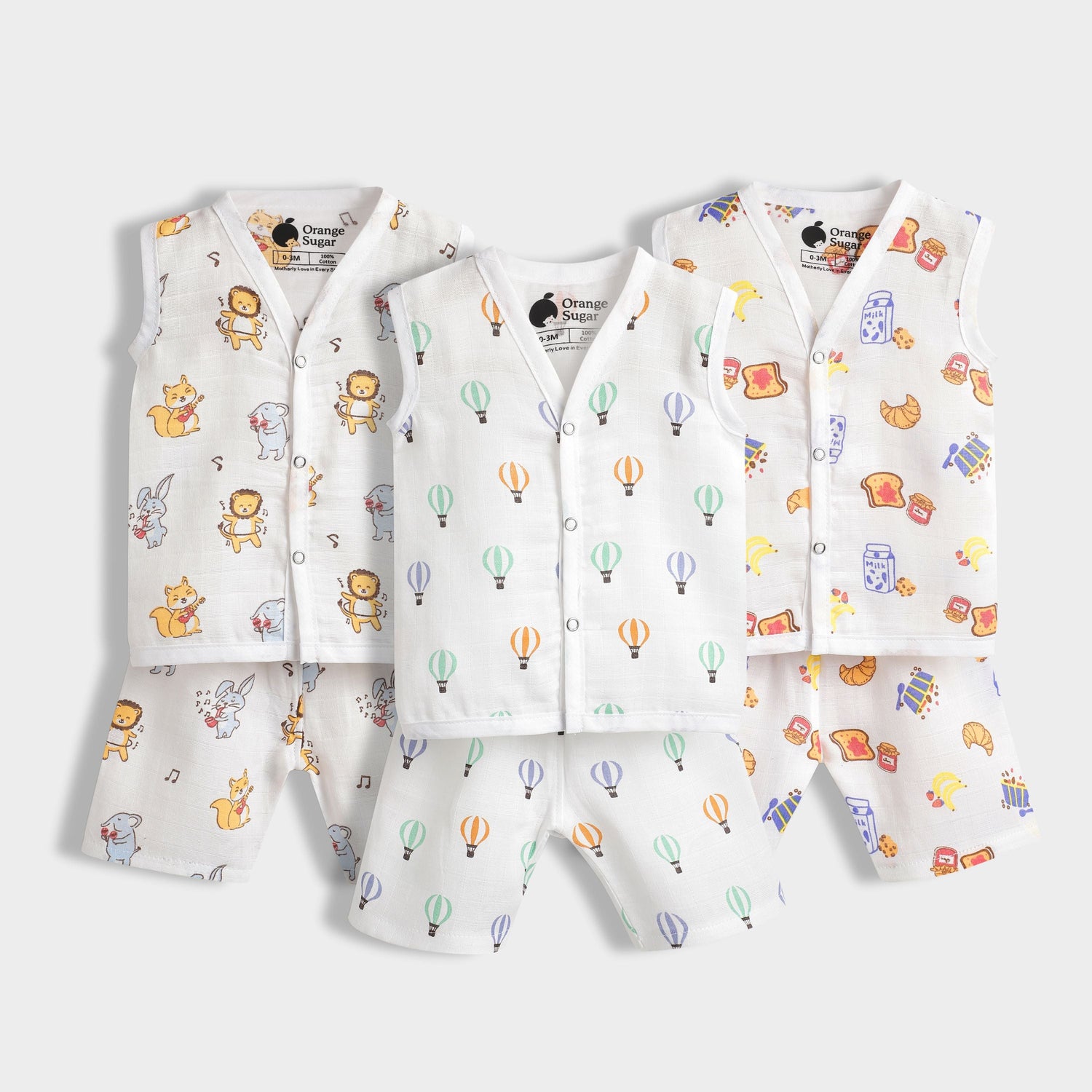 3 Pack Muslin Jhabla Co-ord Set | Jungle Jingles, Balloon Ride, Breakfast