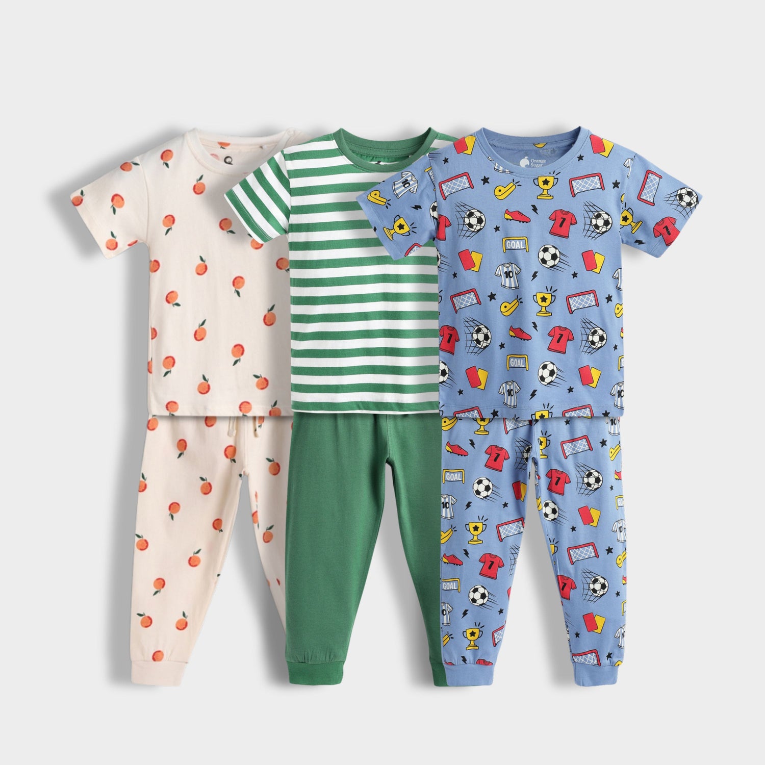 3 Pack Half Sleeves Unisex Co-ord Set | Orange, Green Stripes, Football