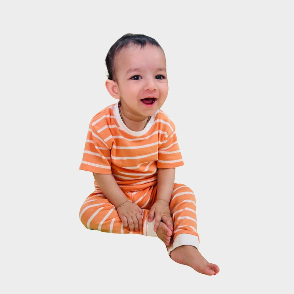 Half Sleeves Unisex Co-ord Set | Orange Stripes