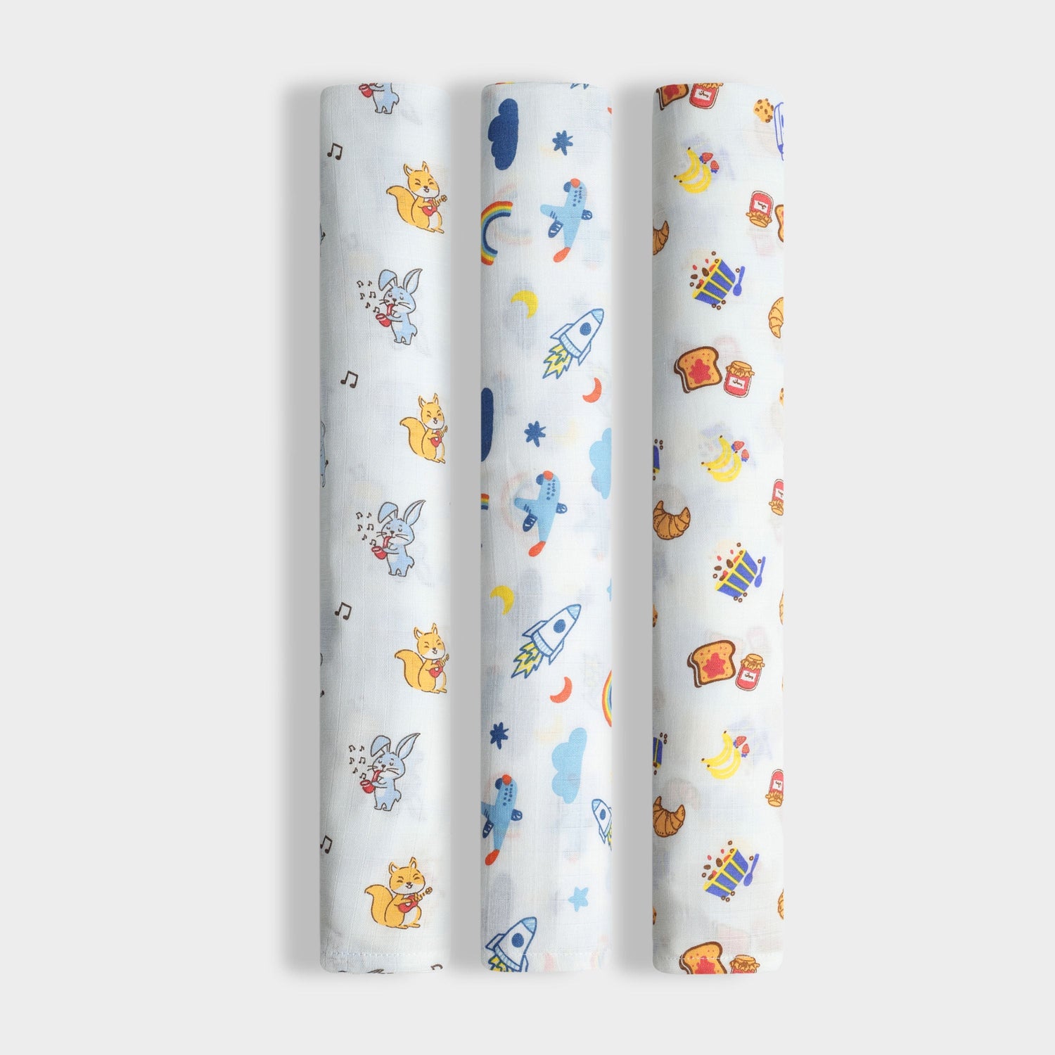 3 Pack Muslin Swaddle | Jungle Jingles, Starry, Breakfast