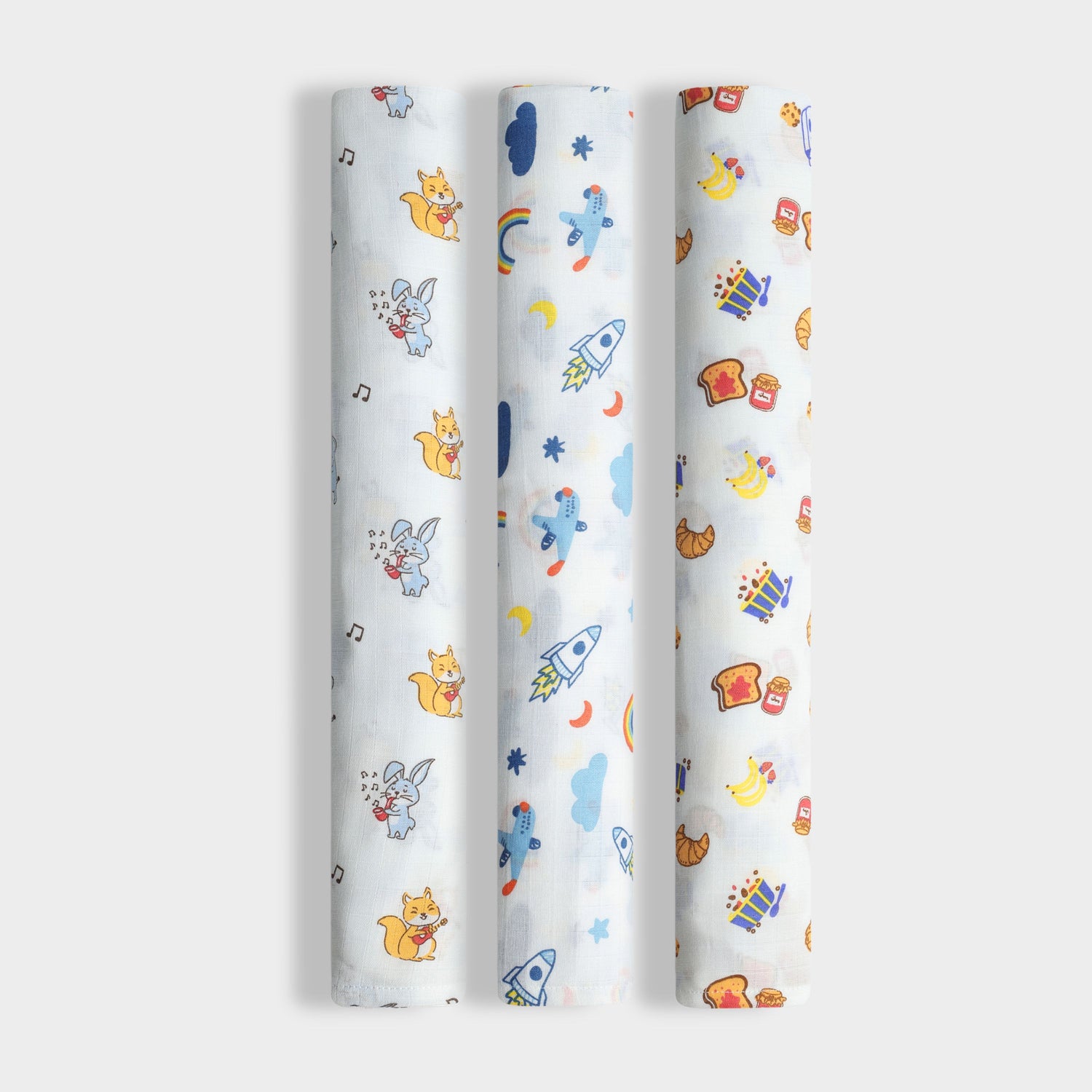3 Pack Muslin Swaddle | Jungle Jingles, Starry, Breakfast