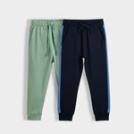 2 Pcs Cotton Colour Block Joggers | Green, Colour Block Blue