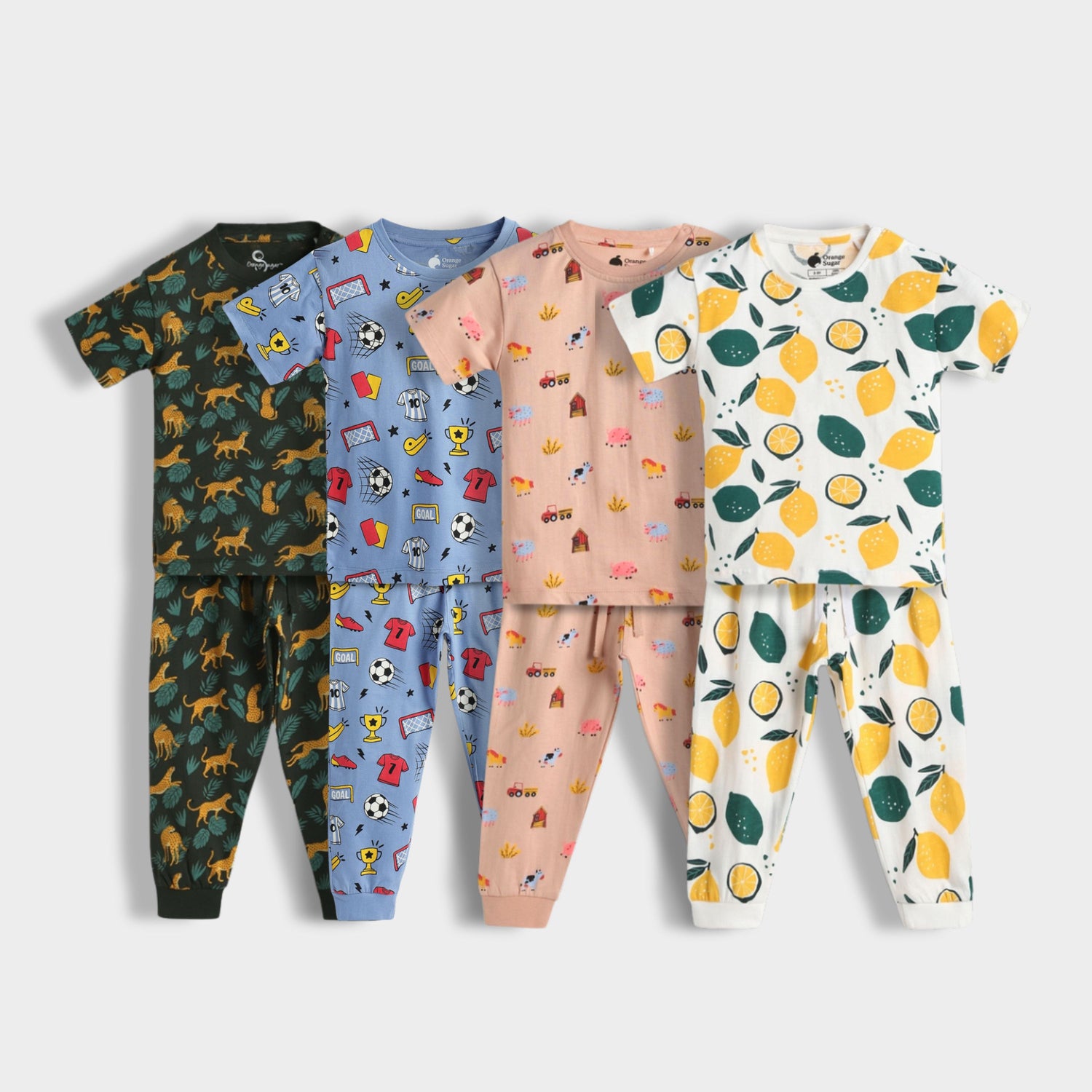 4 Pack Half Sleeves Unisex Co-ord Set | Cheetah, Football, Farm, Lemon