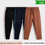3 Pcs Cotton Joggers | Colour Block Black & Blue ,Brown