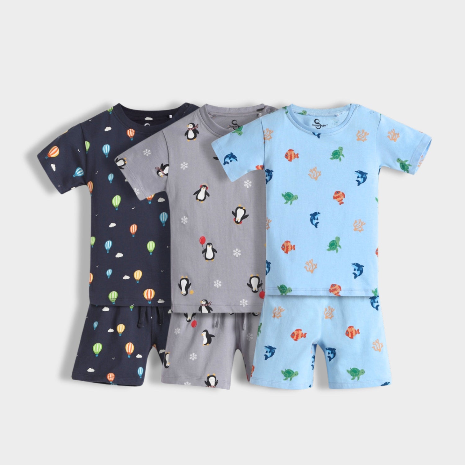 3 Pack T-Shirt & Shorts Unisex Co-ord Set | Hot Air, Penguin, Underwater