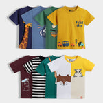 8 Pack Half Sleeves Unisex T-Shirts | Sporty Giraffe, Little Rockstar, Korea Love, Road Trip, Firefly Magic, Black Stripes, Mini Camera, Half And Half