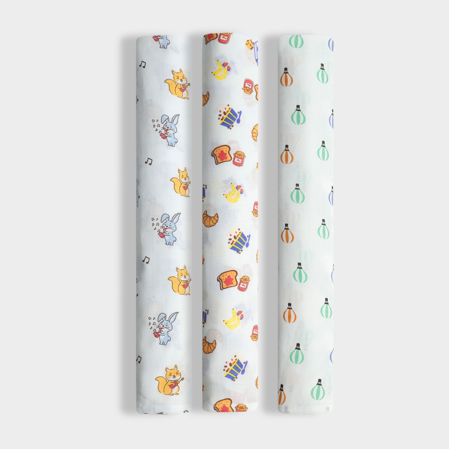 3 Pack Muslin Swaddle | Jungle Jingles, Balloon Ride, Breakfast