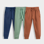 3 Pcs Cotton Joggers | Blue, Green, Brown