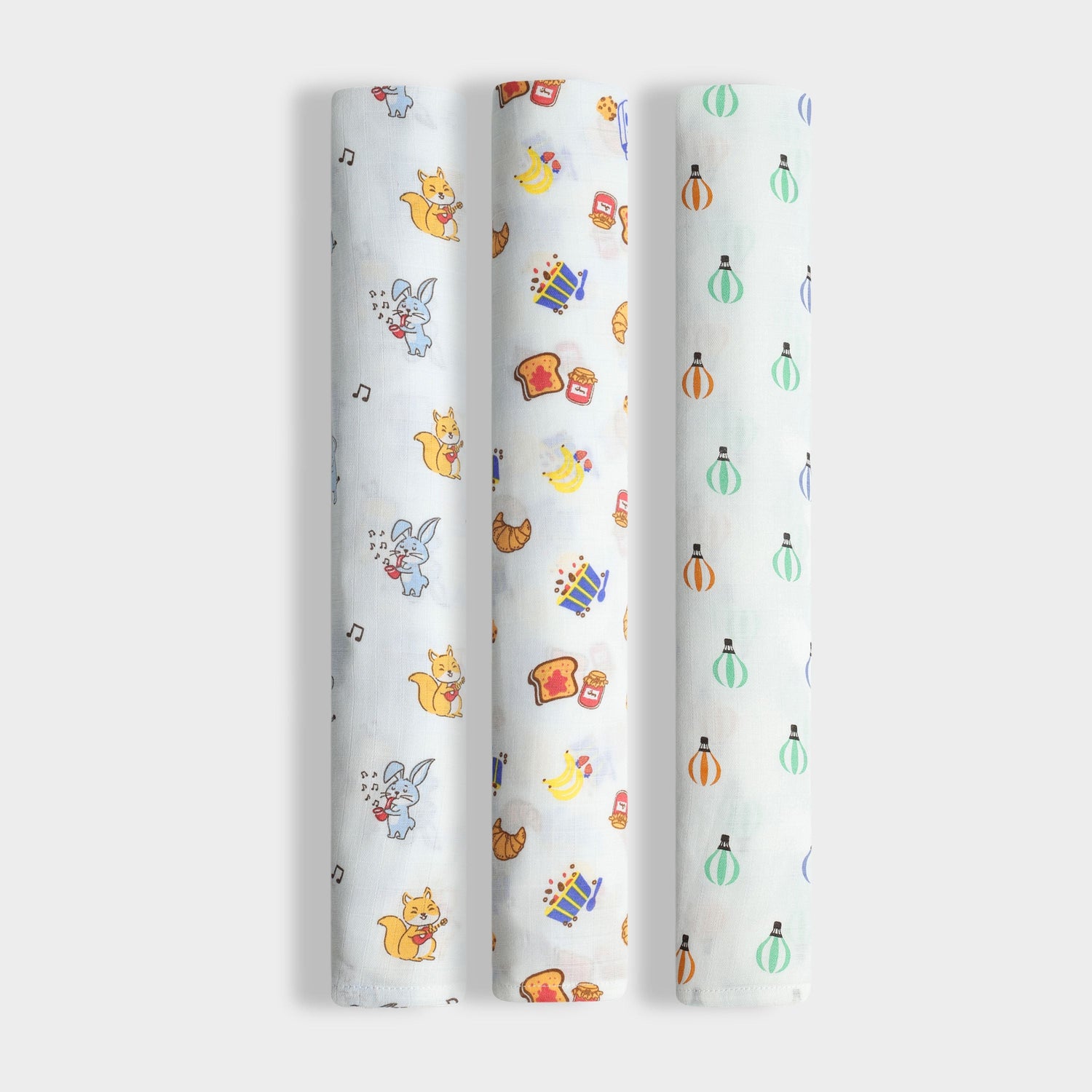 3 Pack Muslin Swaddle | Jungle Jingles, Balloon Ride, Breakfast