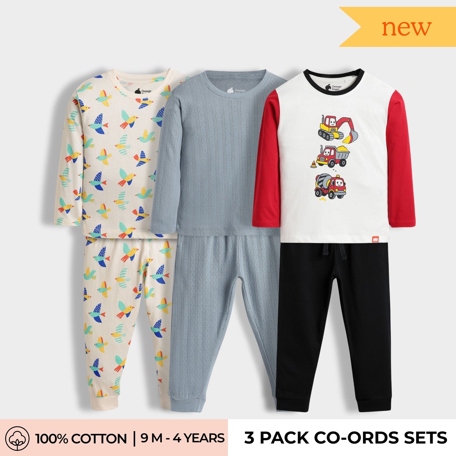 3 Pack Full Sleeves Unisex Co-ord Set | Wings, Pointelle Grey, Road Runner