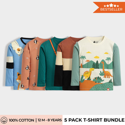 5 Pack Full Sleeves Unisex T-Shirts | Peek A Boo,Penguin,Camera,Colour Block,Dino