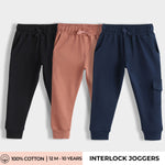 3 Pcs Interlock Joggers | Black, Honey Brown, Blue