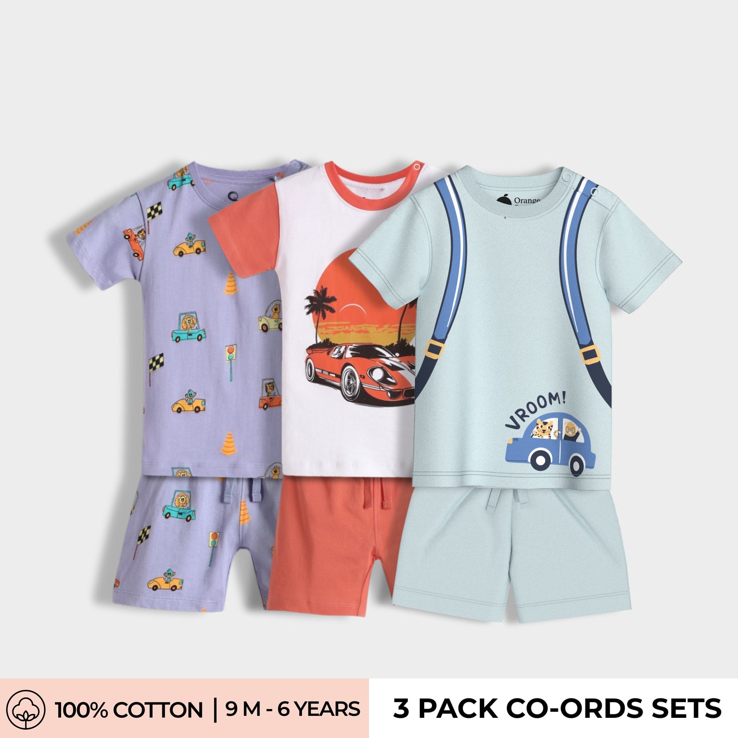 3 Pack T-Shirt & Shorts Unisex Co-ord Set | Cars, Car Ride, Back Pack