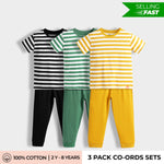 3 Pack Half Sleeves Unisex Co-ord Set | Black Stripes, Green Stripes, Yellow Stripes